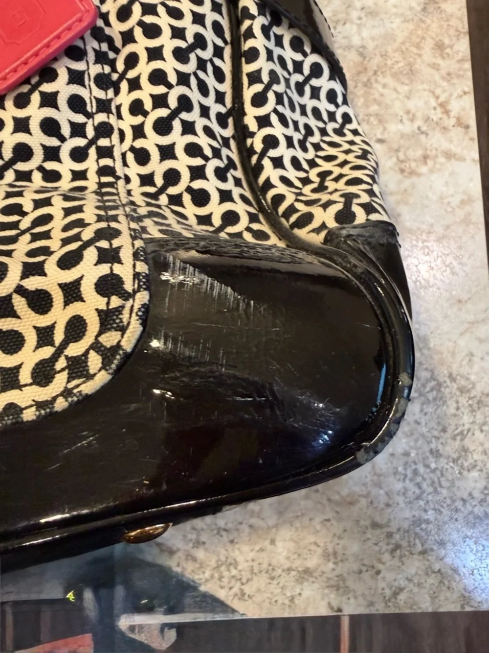 Coach Black and Cream Signature Tote with Patent Trim and Gold Hardware